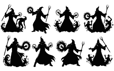 Eight black silhouettes of wizards casting magical spells with staffs isolated on white background