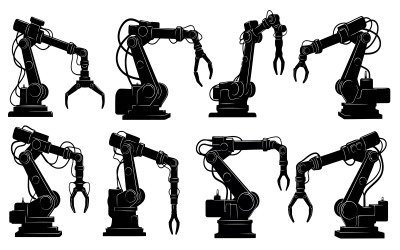 Eight industrial robotic arms in various positions on silhouette isolated on white background