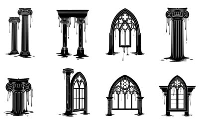 Gothic architectural elements vector illustration set isolated on white background