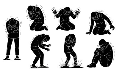 Man in various poses of sadness and despair silhouette vector isolated on white background