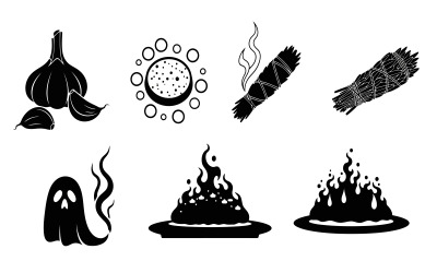 Minimalist silhouette icons of witchcraft and occult symbols in flat isolated on white background