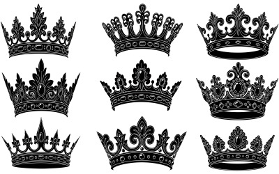 Nine black crowns in various ornate designs on vector illustration isolated on white background