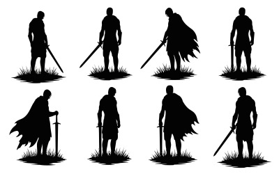 Silhouette of eight warriors with swords standing in grassy field isolated on white background