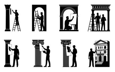 Silhouette of men painting and working on architectural elements and isolated on white background