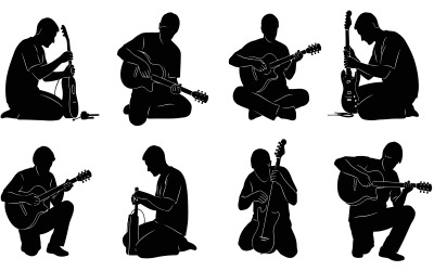 Silhouette of men playing various guitars in different sitting isolated on white background