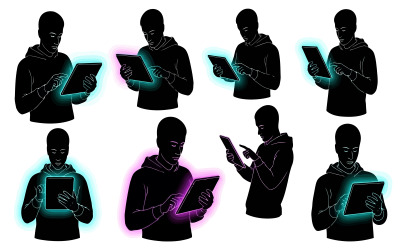 Silhouette of people using tablets and smartphones in various poses isolated on white background