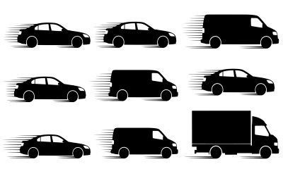 Silhouette of various cars and trucks in motion on , vector isolated on white background