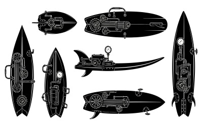 Steampunk surfboards with mechanical details in black silhouette isolated on white background