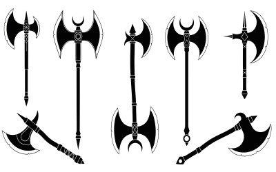 Vector illustration of various medieval battle axes in silhouette style isolated on white background