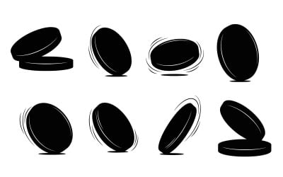 Acht zwarte rugby puck silhouetten in verschillende bewegingshoudingen, vectorafbeelding geïsoleerd op een witte achtergrond.