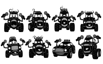 Åtta tecknade monstertruckar och bilvektorillustration uppsättning isolerad på vit bakgrund