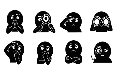Black silhouette emoticon faces with various expressions on , Vector isolated on white background