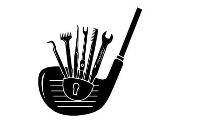 Black silhouette golf club with lock and various locksmith tools inside isolated on white background