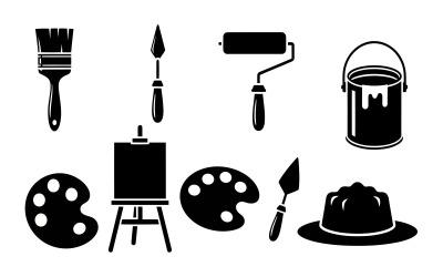 Black silhouette of painting tools and supplies on vector illustration isolated on white background