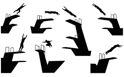 Black silhouettes of divers jumping off diving boards in various poses isolated on white background
