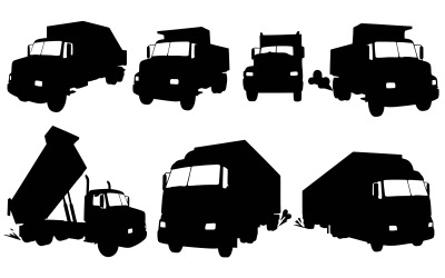 Black silhouettes of various trucks and dump trucks isolated on white background