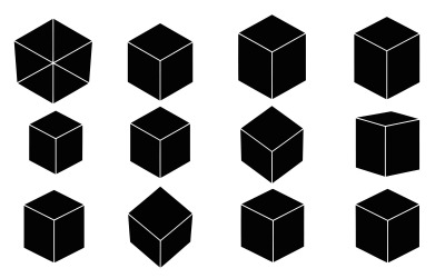 Collection of 3D cube shapes in various isometric perspectives and isolated on white background
