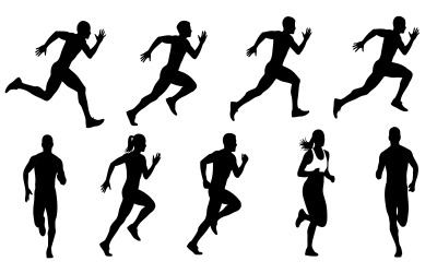 Collection of black silhouettes of people running in various poses isolated on white background