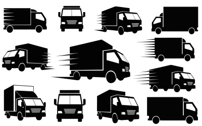 Collection of black silhouettes of various delivery trucks in motion isolated on white background