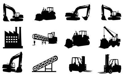 Collection of construction vehicle silhouettes in industrial setting isolated on white background