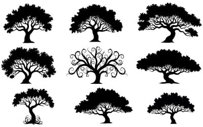 Collection of nine black tree silhouettes in various styles isolated on white background