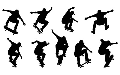 Collection of skateboarders in various poses silhouette black shadow isolated on white background