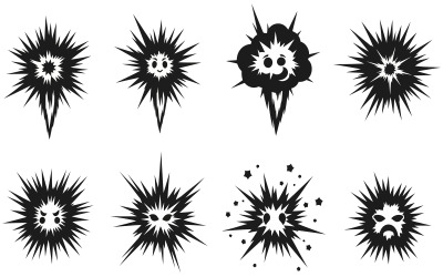 Eight black explosion symbols with skulls and spiky effects vector isolated on white background