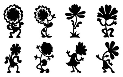 Eight black flower silhouettes in various poses isolated on white background