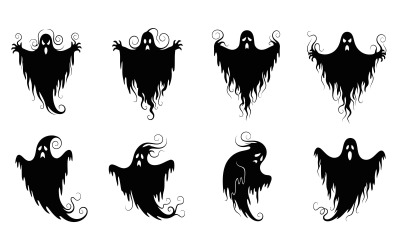 Eight black ghost silhouettes in various poses on , vector illustration isolated on white background