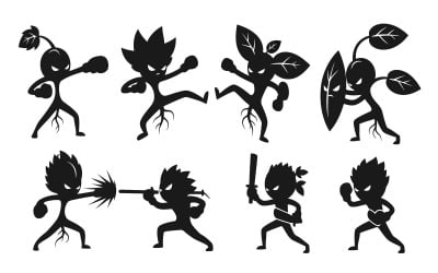 Eight black plant creatures in various fighting poses silhouette isolated on white background