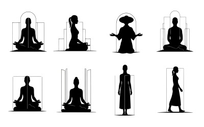 Eight black silhouettes of people meditating or standing in various isolated on white background