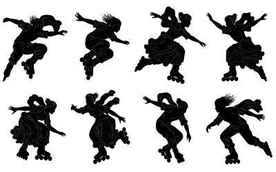 Eight black silhouettes of women roller skating in various poses isolated on white background