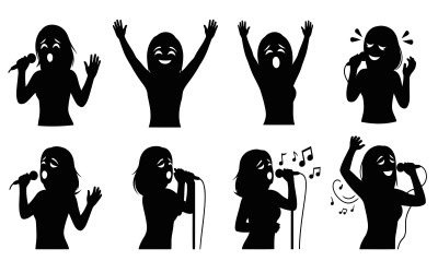 Eight black silhouettes of women singing with microphones in various isolated on white background