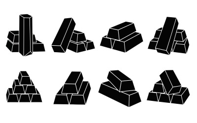 Eight isometric 3D block structures in black silhouette isolated on white background