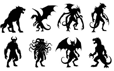 Eight mythical creatures in black silhouette isolated on white background