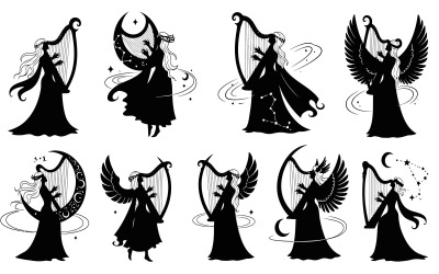 Eight Silhouette Angel Women Playing Harp Vector Illustration isolated on white background