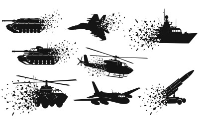 Military vehicles and aircrafts silhouette exploding vector isolated on white background