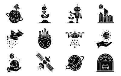 Minimalist black vector icons of eco friendly technology and isolated on white background