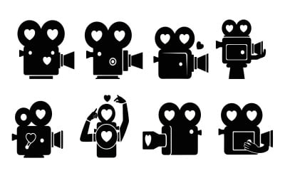 Минималистичные черные силуэтные иконки камер с сердечками, изолированные на белом фоне.