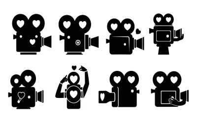 Minimalistische schwarze Kamera-Silhouette-Symbole mit Herzen, isoliert auf weißem Hintergrund