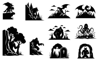 Mythical creatures silhouettes in various landscapes vector isolated on white background
