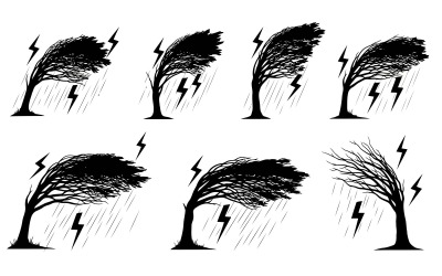 Sei sagome nere di alberi in varie condizioni meteorologiche tempestose isolate su sfondo bianco