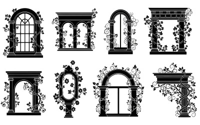 Set of eight black architectural silhouettes with floral vines and isolated on white background