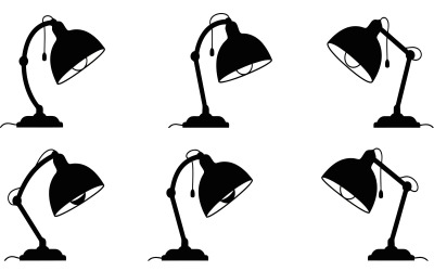 Set of six black desk lamp silhouettes in various positions isolated on white background