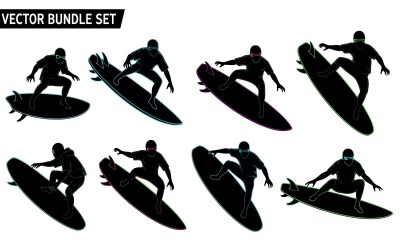 Set vettoriale di surfisti che cavalcano le onde in stile silhouette, isolati su sfondo bianco