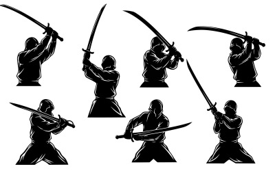 Seven black silhouettes of samurai warriors with swords in various isolated on white background
