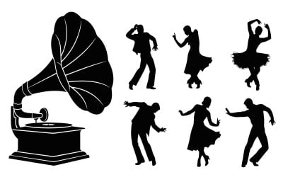 Silhouet van mensen die rond een grammofoon dansen. Vectorillustratie, geïsoleerd op een witte achtergrond.