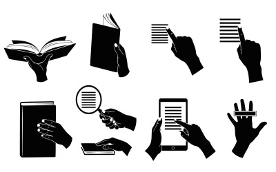 Silhouette hands interacting with books and digital devices isolated on white background