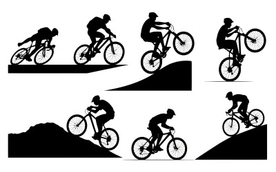Silhouette of cyclist riding bike on hills in vector illustration isolated on white background