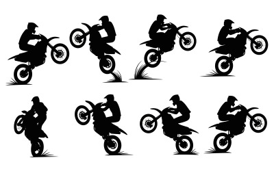 Silhouette of motorcyclist performing stunts on dirt bike in various isolated on white background